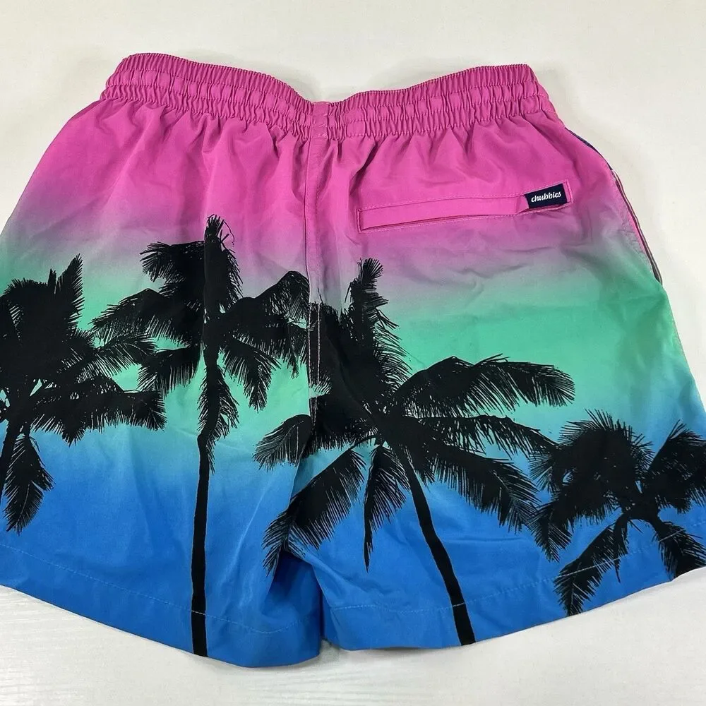 Chubbies Palm Tree Ombré Classic 5.5” Swim Trunks Shorts Mens Small Pink Green